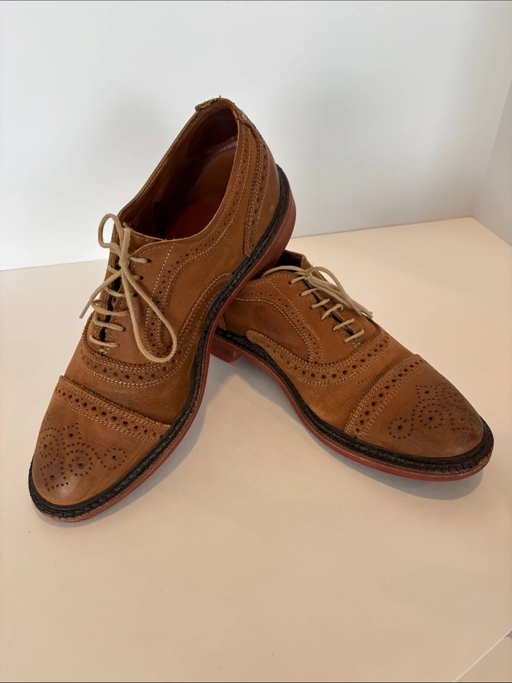 Men's Allen Edmonds Strandmok Tan Brogue Leather Lace-Up Dress Shoes Size 8E